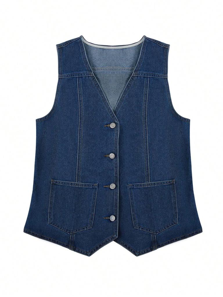 Women's Denim Vest Button Down V Neck Sleeveless Casual Jean Jacket