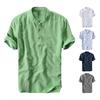 Men Summer Shirt Stand Collar Pullover Short Sleeves Mid Length Solid Color Casual Business Style Vacation Beach Top