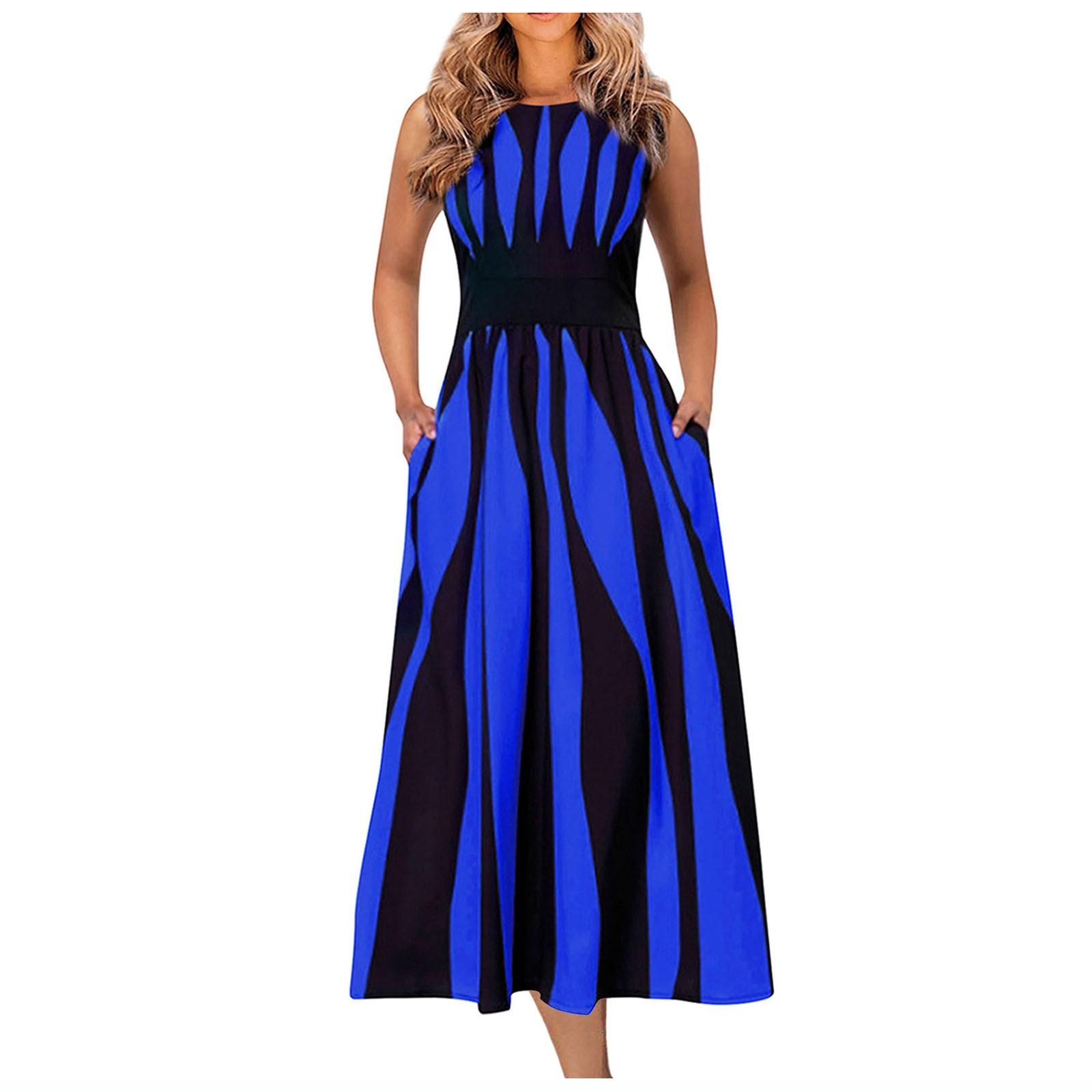 

Женское летнее модное повседневное полосатое платье с принтом, с круглым вырезом и закрытой талией, утягивающая юбка без рукавов XXXXXL синий