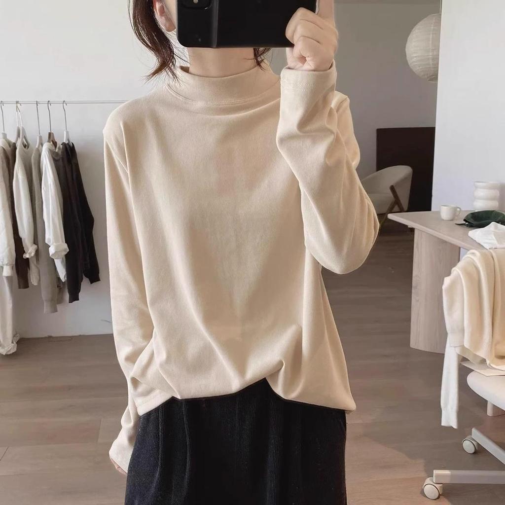 Apricot Soft Sticky Half-High Neck Women's Oversized Long-Sleeve Base Layer Top - Autumn/Winter European Style.