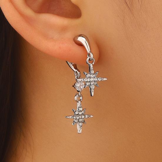 1 Paire Boucles d'Oreilles Femme Double Étoile à Huit Branches Pendentif Strass Incrusté Boucle d'Oreille à Tige Design Boucles d'Oreilles Pendantes Bijoux Cadeau