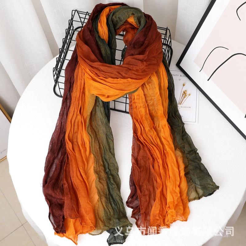 Contrast Color Cotton And Linen Wrinkled Scarf Female Literary And Artistic Fan Atmosphere Warm Silk Scarf Retro Gradual Change Color Scarf Shawl