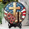 2D Flat Retro Round Aluminum Wall Decor, Memorial Day Cross & Boots Design, Indoor Outdoor Hanging Plaque, Memorial Home Gift