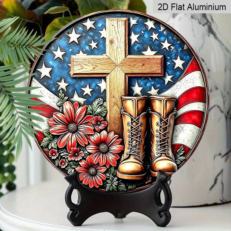 2D Flat Retro Round Aluminum Wall Decor, Memorial Day Cross & Boots Design, Indoor Outdoor Hanging Plaque, Memorial Home Gift