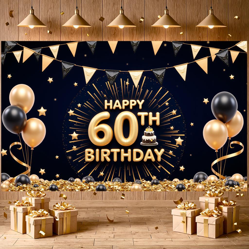 Milestone Birthday Backdrop Gold Glitter Adult Birthday Backdrop 60th Celebration Banner Cake Graphic 60th Birthday Display