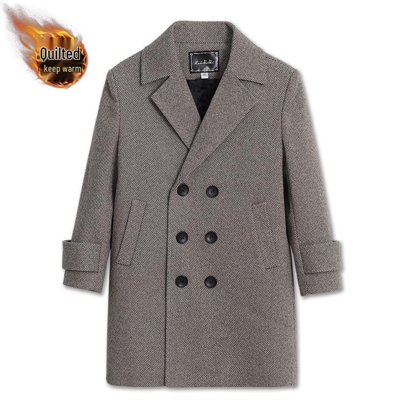 Boys' Wool Blend Plaid Overcoat with Suit Collar - Quilted, Warm, Mid-Length Trench for Autumn/Winter