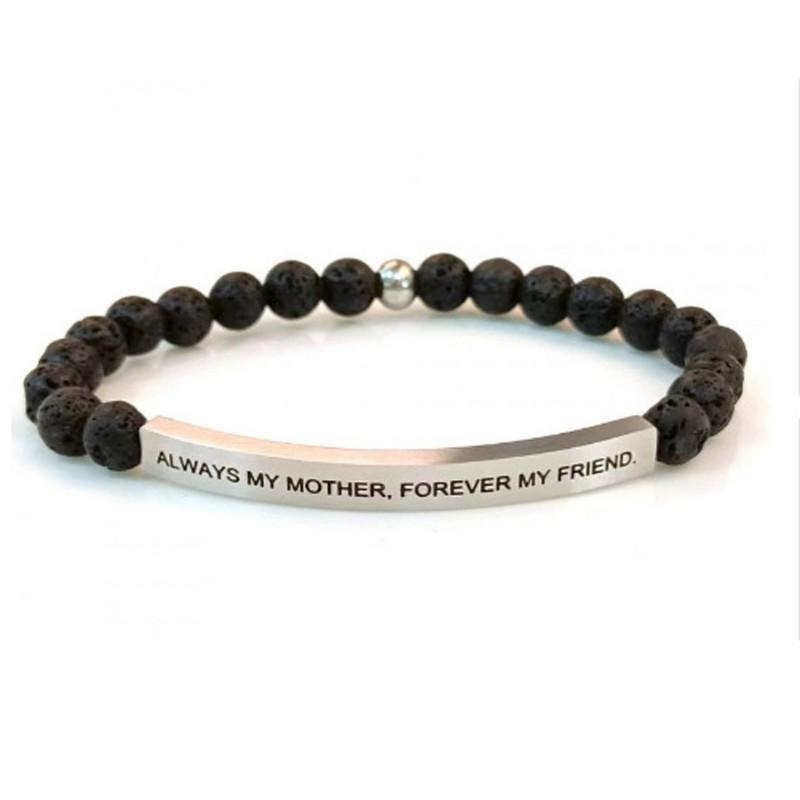 Minimalist Natural Stone Bead Stainless Steel Curved Tube Bracelet DIY Engraved Couple Jewelry Men Women Lava Stone Silver Bent Tube Engraved Bracelet