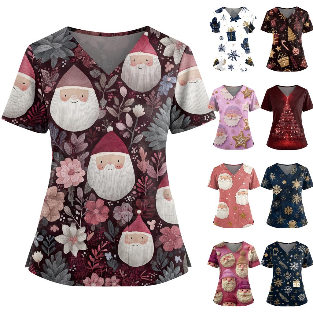 Women's Christmas Print V-Neck Double Pocket Short Sleeves Hem Slit  Uniform And Caregiver Top