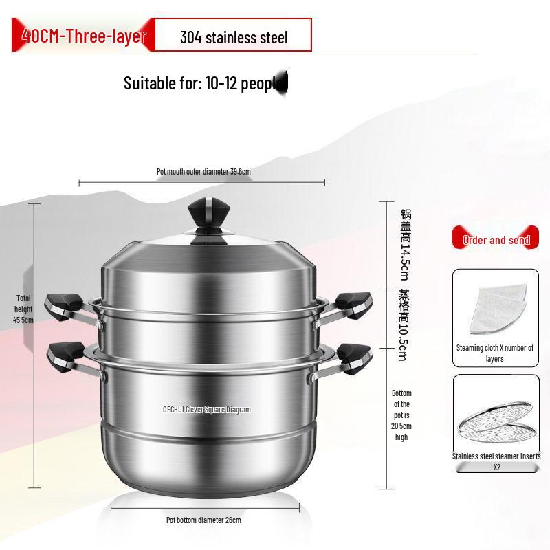 Large 304 Stainless Steel Three-Layer Household Steamer for Induction and Gas Stoves