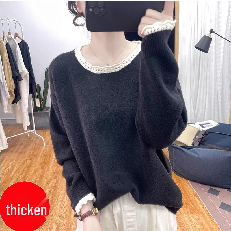 Damski sweter z koronkowym kołnierzykiem i kolorowym blokiem kolorów, odmładzający – jesień i zima, gruby, luźny krój, kolekcja 2025