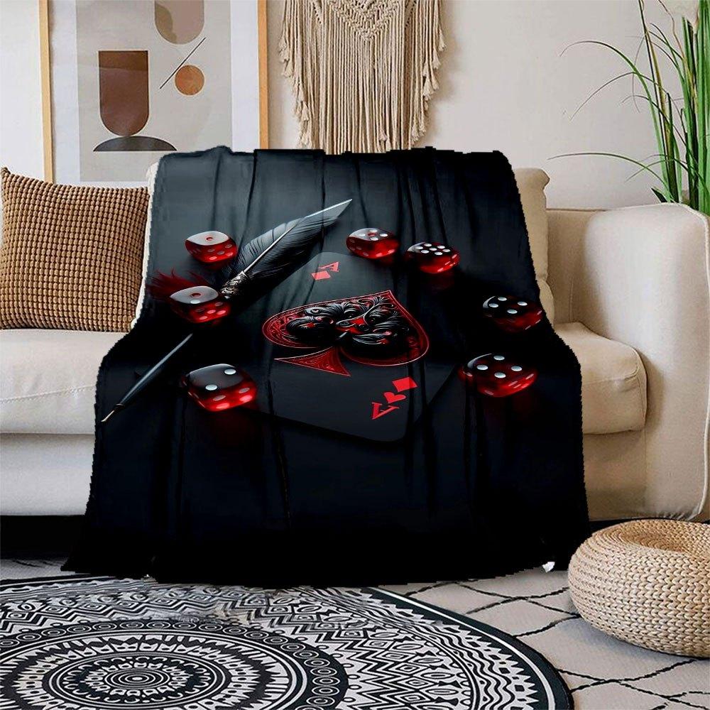 Black Playing Card with Red Dice and Feather DecorBlanket Flannel Throw Blanket for Sofa, Bed, Travel, Camping, Office