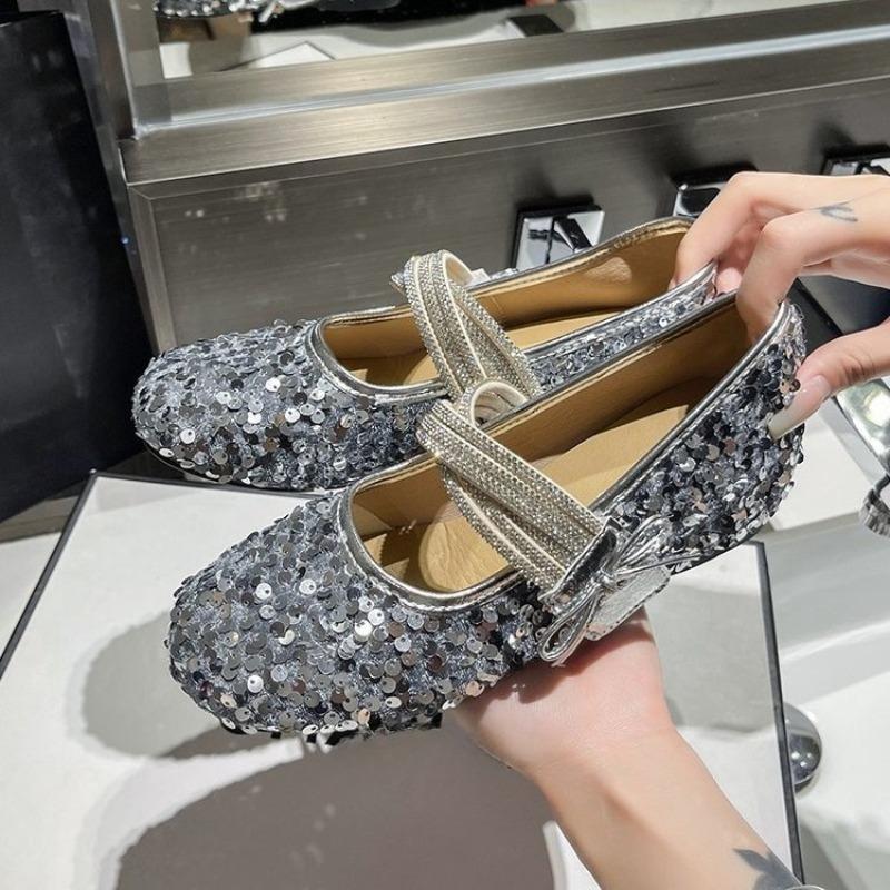 Fashion French Inside Heightened Sequin Mary Jane Shoes Women 2025 New Fall Bow One Strap Soft Sole Shoes
