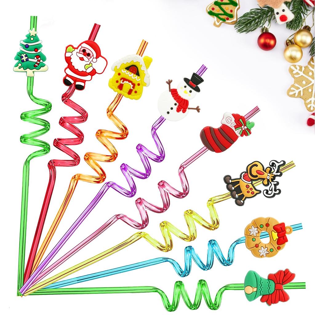 6/12pcs Christmas Reusable Drinking Straws Party Favors Straws with Santa Claus Snowman Elk Bells Christmas Party Gifts for Kids