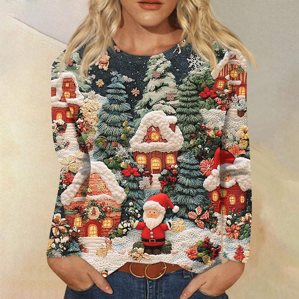 Women's Fashion Casual Long Sleeve  Print Round Neck Top