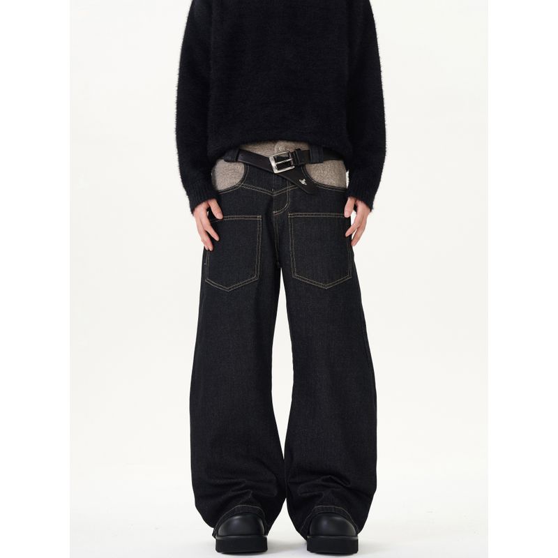 Kisko American Retro Patchwork Reverse-Wear Design Scimitar Jeans Unisex Loose Straight Washed Vibe Pants