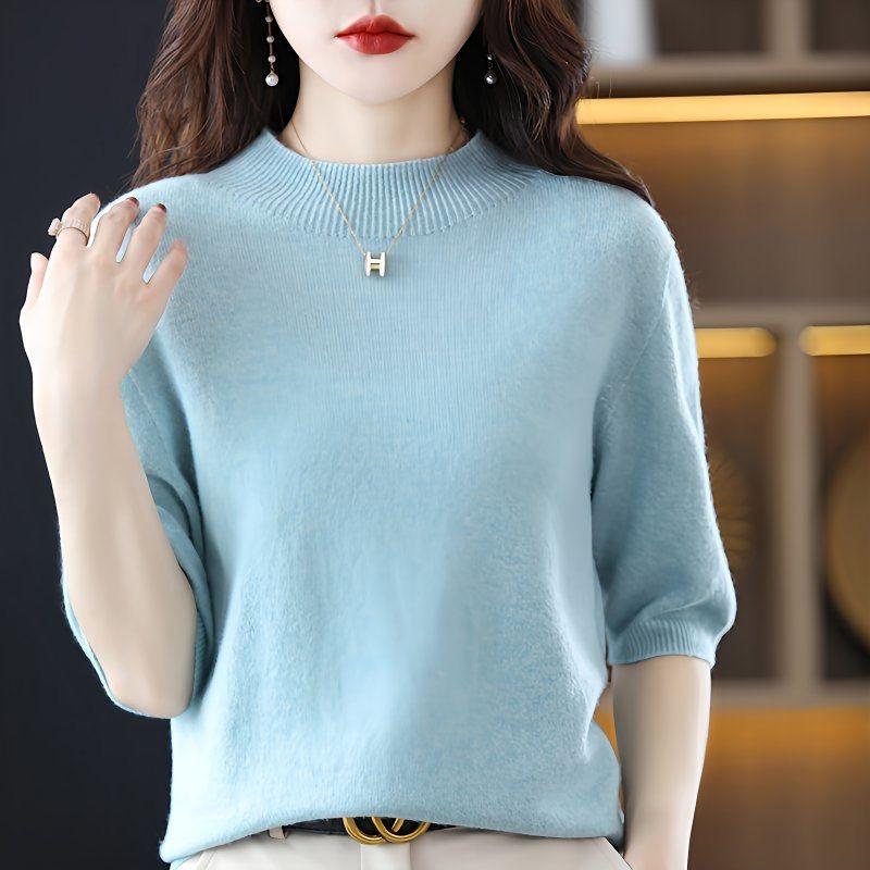 

Весняно-літній светр з коротким рукавом жіночий з напівкруглим коміром, коротка вільна футболка з напіврукавом, універсальна трикотажна базова сорочка S синій