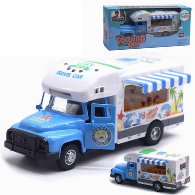 1/28 Simuliacinis namelis ant ratų, klasikinis žaislinis karavanas „Happy Travel“ RV modelis su garsu ir lengvo metalo žaislinių, atsitraukiamų transporto priemonių žaidimų rinkiniais