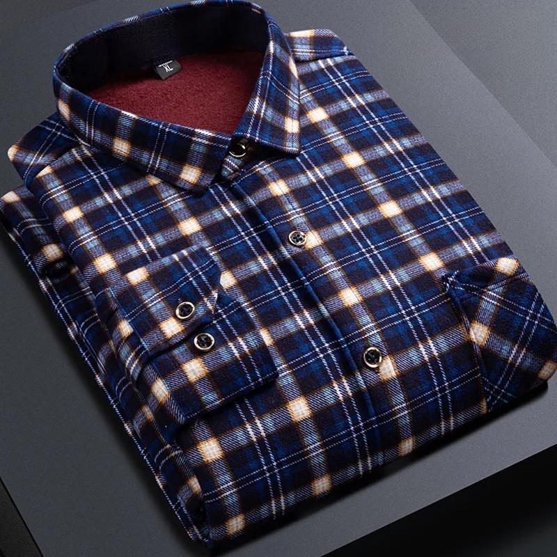 Men's Thickened Fleece Lined Long Sleeve Shirt Warm Slim Fit Plaid Casual Fashion Winter Shirt No Ironing Required Male Apparel