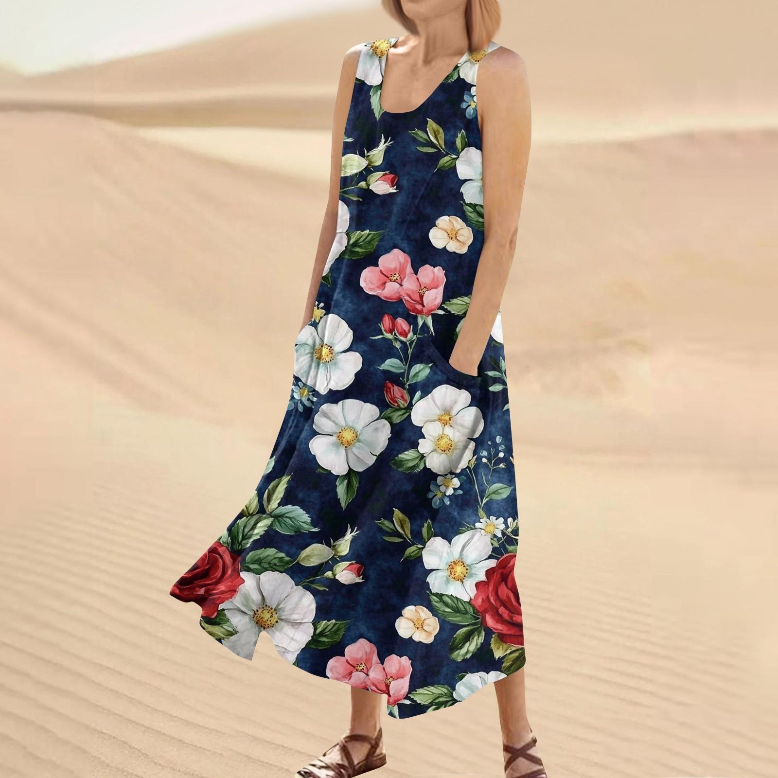 

Женское летнее повседневное модное платье без рукавов с круглым вырезом и карманом с цветочным принтом L