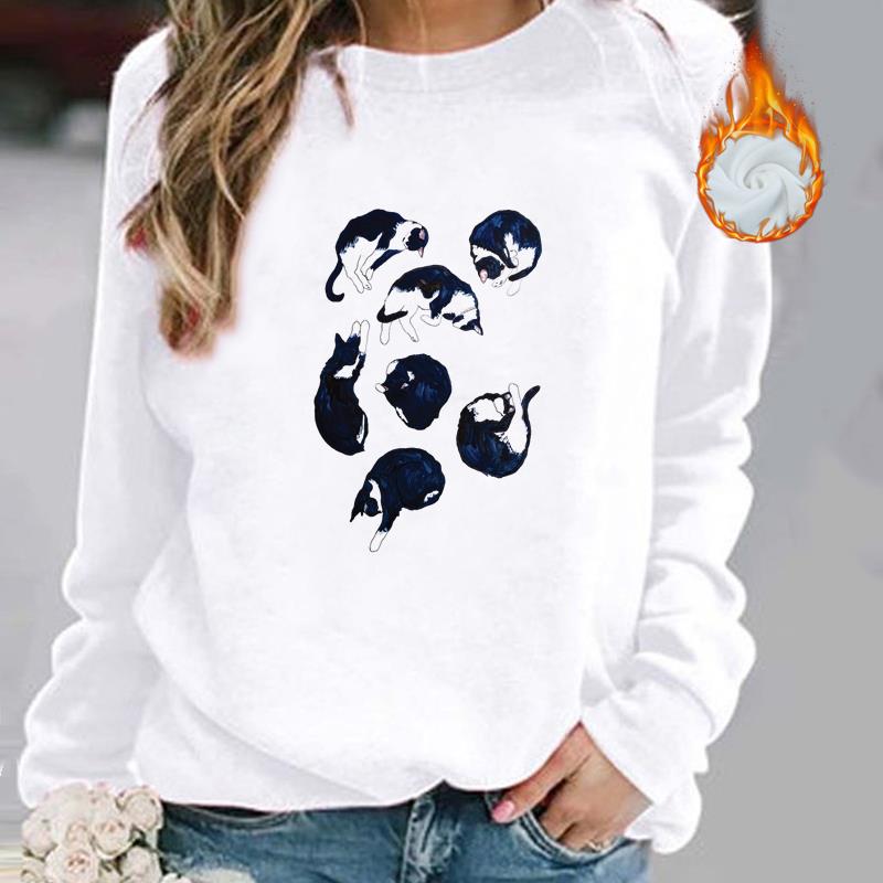 

(Азиатский размер) Кошка Прекрасный акварельный стиль Женская флисовая плотная одежда с принтом Осень-осень-зима Леди Весенняя мода Повседневные пуловеры Графические толстовки