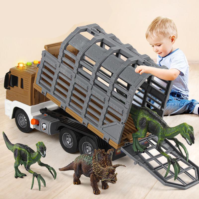 Dinosaur Dump Truck with Cage Sound and Light Toy Trucks with 4 Dinosaurs Friction-Powered Toy Truck B240