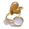 Yhpup Fashion Natural Shell Heart Love Square Adjustable Opening Ring Stainless Steel 18K Gold Color Stylish Chic Finger Jewelry