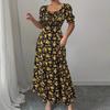 Ruffle Edge Dress Women Puff Sleeves Printed Slim Fit Spring Summer Size S-XXL