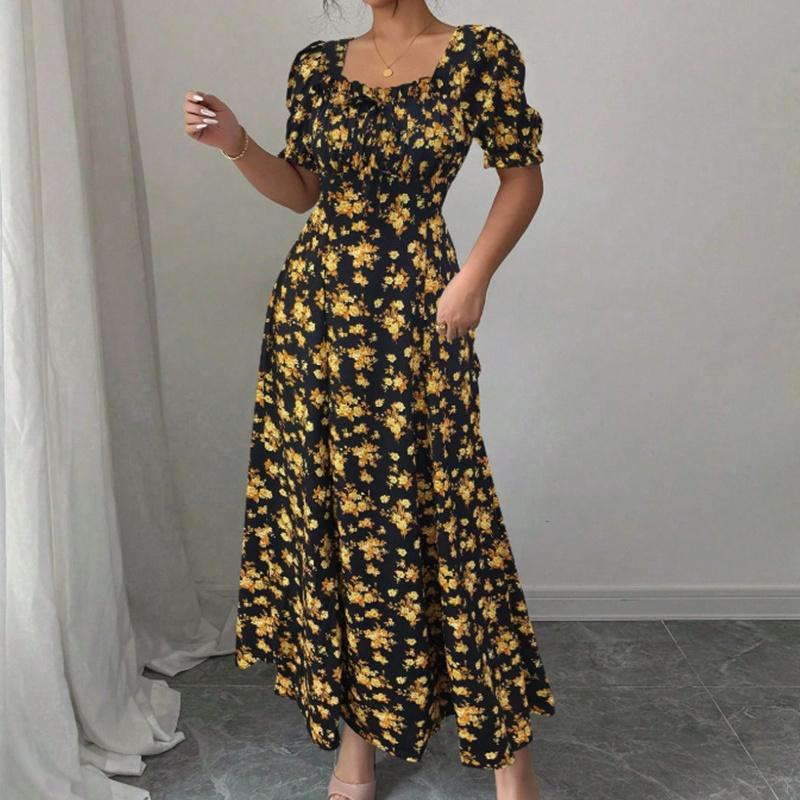 Ruffle Edge Dress Women Puff Sleeves Printed Slim Fit Spring Summer Size S-XXL