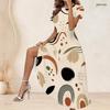 Women Plus Size Round Neck Short Sleeve Printed Gathered Waist A Line Long Dress