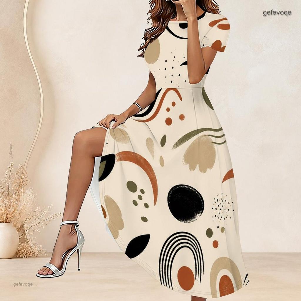 Women Plus Size Round Neck Short Sleeve Printed Gathered Waist A Line Long Dress
