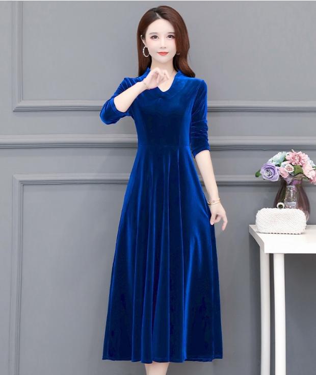 Winter Gold Velvet V-neck Western-style Dress For Women