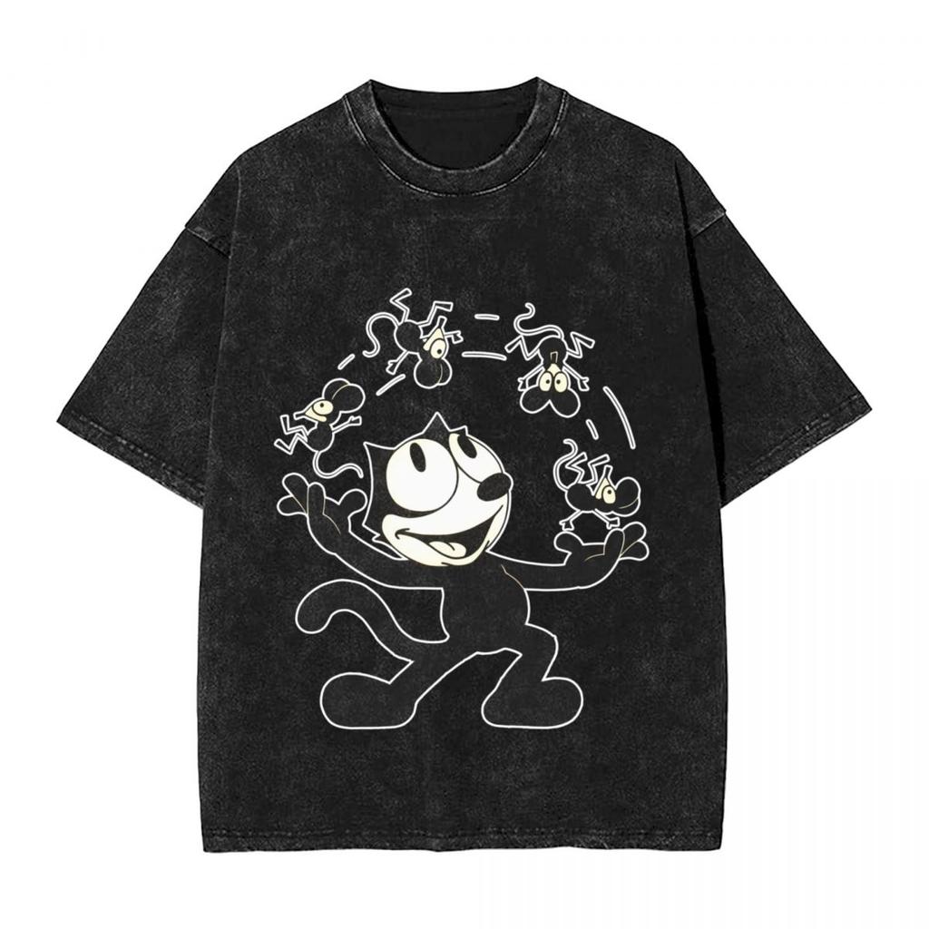 The Cat Name Felix Woman Men Cotton Washed Hot Stamping Print TShirt Harajuku Cotton Tshirt Mens Summer Short Sleeve Tees
