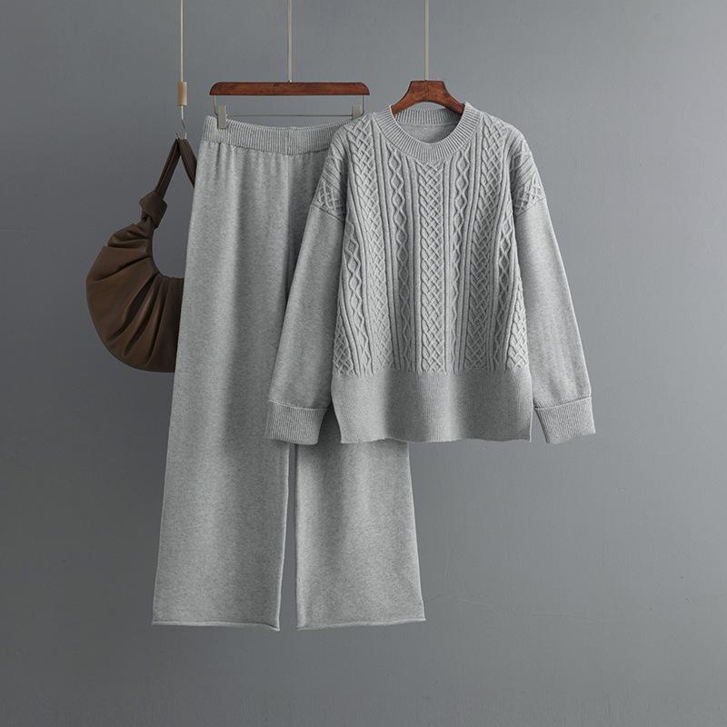 Large size women's knitted fashion suit women's, autumn and winter new twist sweater + casual pants two-piece set