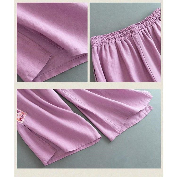 Hose für Damen im chinesischen Stil aus Baumwolle und Leinen, Hose mit weitem Bein, Sommer, Retro, bestickt, locker, weites Bein