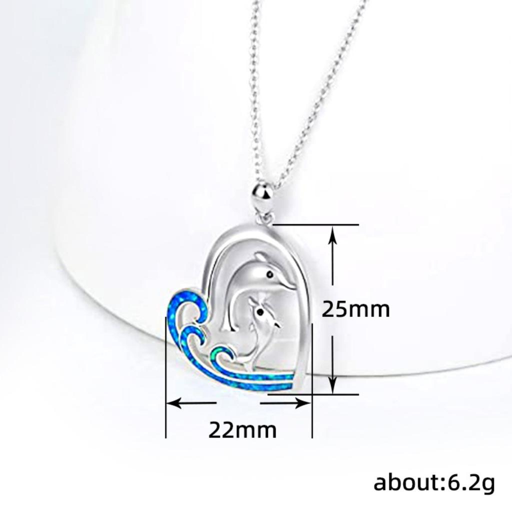 Mother and Baby Dolphin Heart Pendant Necklace with Blue Wave Inlay Ocean Inspired Sentimental Jewelry for Women
