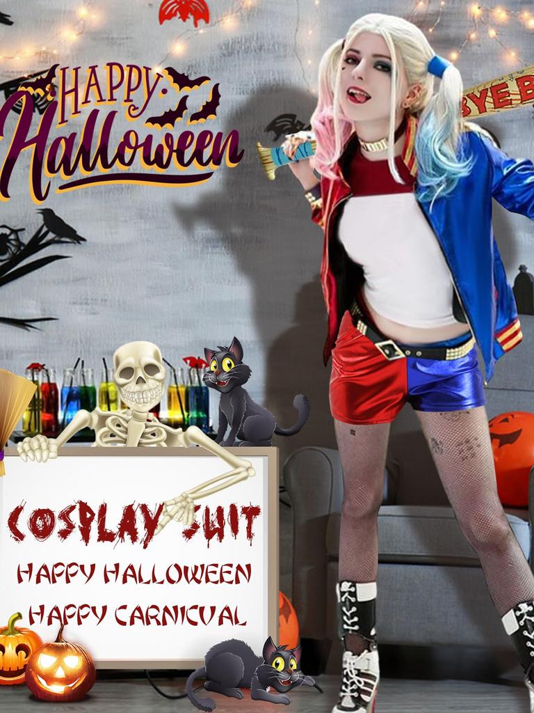 Strój Cosplay Matreeglam Harley Quinn na Halloween z zestawem dla dorosłych i idealny na szkolne występy kulturalne i sceniczne, rekwizyty, 8-częściowy dla dziewcząt,