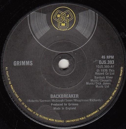 

7inch Record GRIMMS - Backbreaker DJS393 DJM Records 1975 UK Rock Used