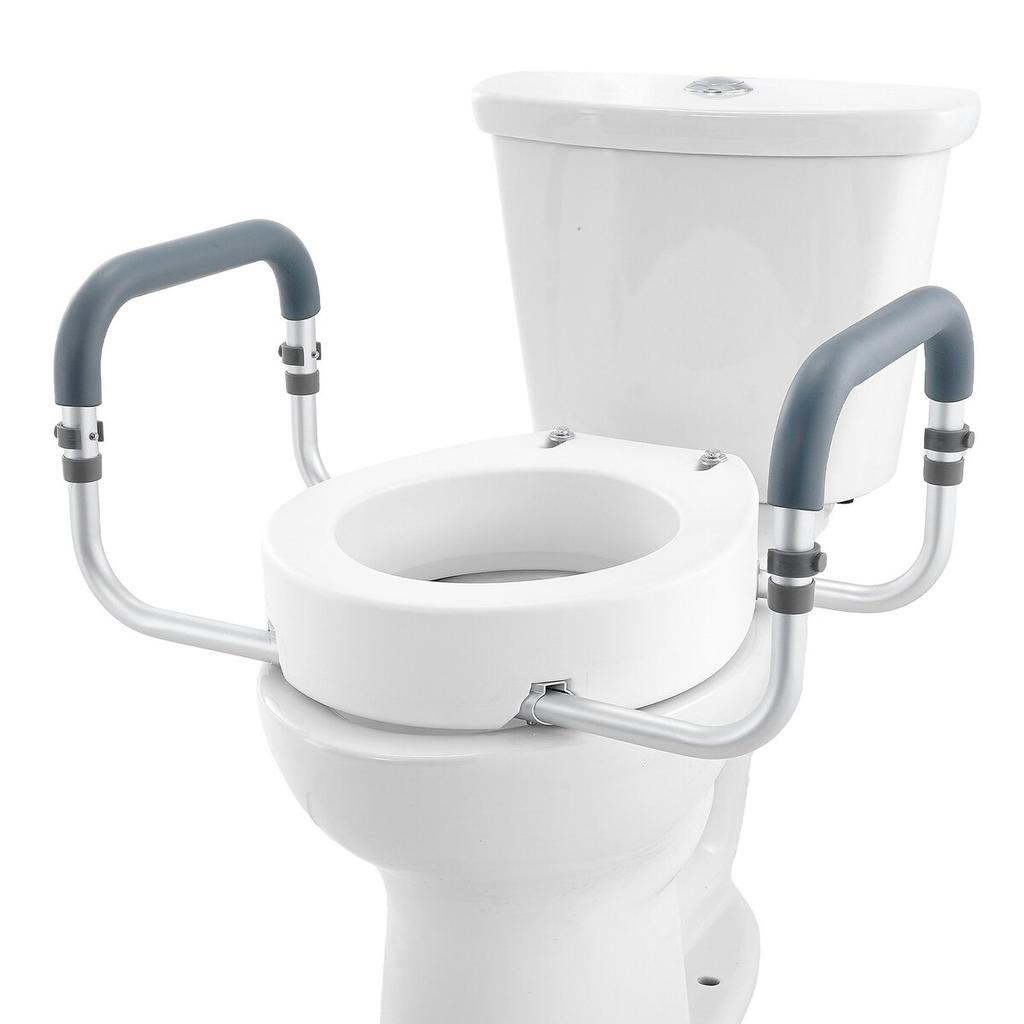 Raised Toilet Seat, 3.5" Height Raised, 300 lbs Weight Capacity, for Standard Round Toilet, Aluminum Handrail, with EVA Armrest Padding, for Elderly,