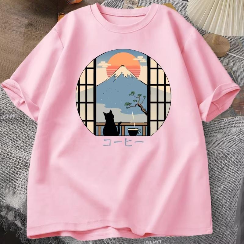 Coffee Cat Graphic print Men TShirt Cotton Vinage Oneck shortsleeved Tee Tshirts Unisex casual daily outdoor TShirt Oversized