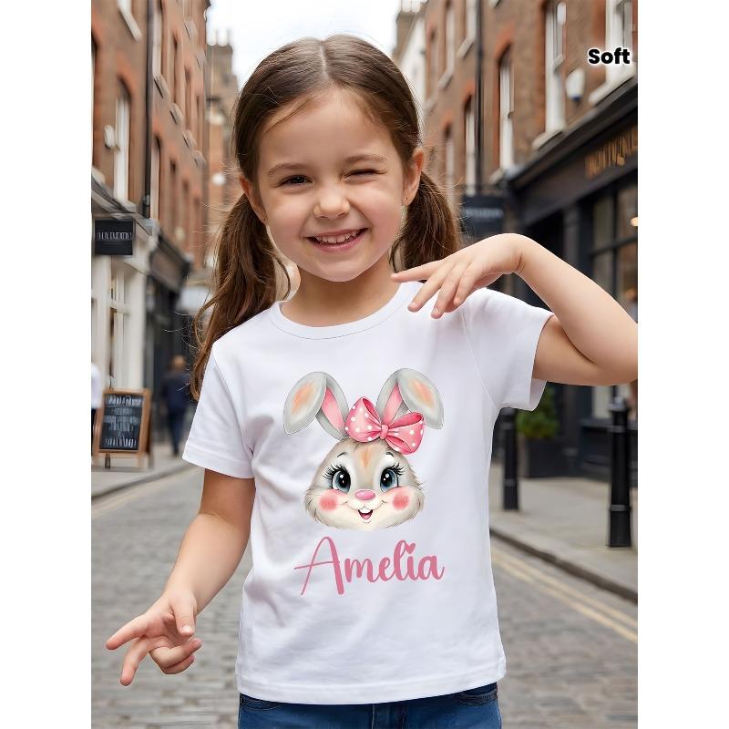 European Sizes Easter Personalized Girls' T-Shirt - Custom Name, Easter Bunny Print, Girls' Cotton Short Sleeve, Instagram-Style Holiday Vibe Outfit