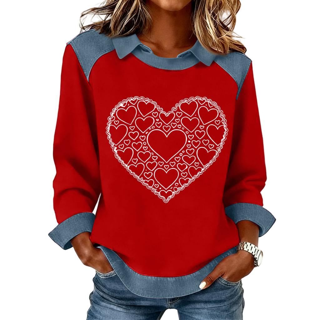 Damenmode Ausgestelltes Langarm Denim Patchwork Sweatshirt Valentinstags-Print Lässiges Pullover-Oberteil