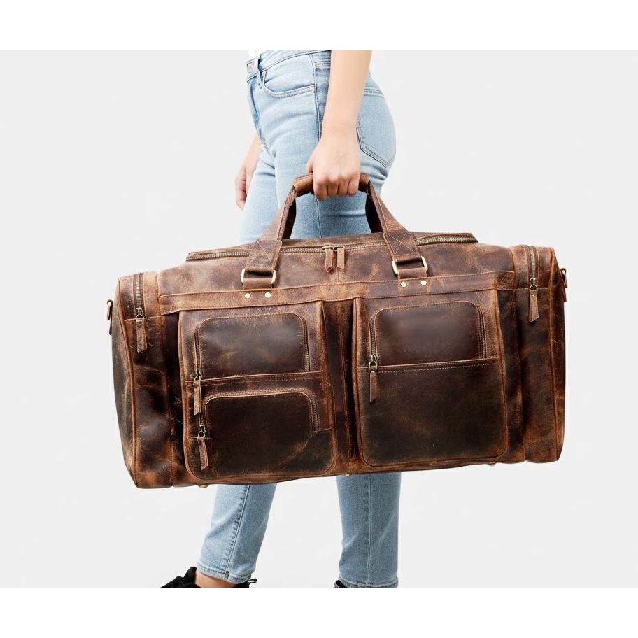 Bolsos de lona grandes de 24 pulgadas para hombres, bolsos de cuero para viajes, bolsos de lona para pasar la noche, gimnasio, deportes, fin de semana, bolsos de lona (Marrón oscuro, 24" grande)