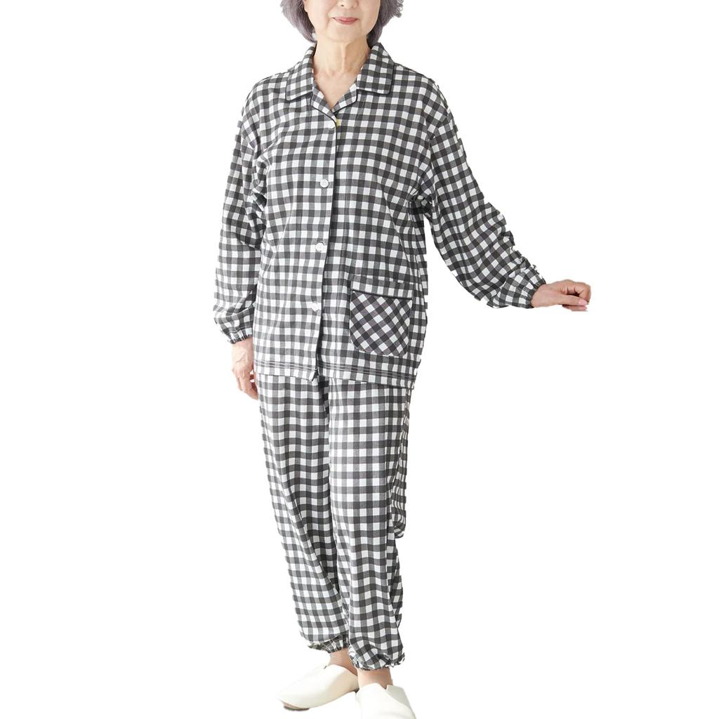 Kokoro Color Nursing Care Pajama Velcro Cotton Black Size M Women's Set, Closure, Blend, (Gingham Pattern),