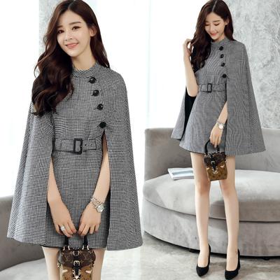 Elegant Relaxed British-style Plaid Woolen Cape Coat with Belt and Stand-up Collar