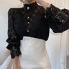 Frauen Stehkragen Spitze Patchwork Shirts Casual Aushöhlen Blume Blütenblatt Hülse Taste Tops Weiße Shirts für Frauen