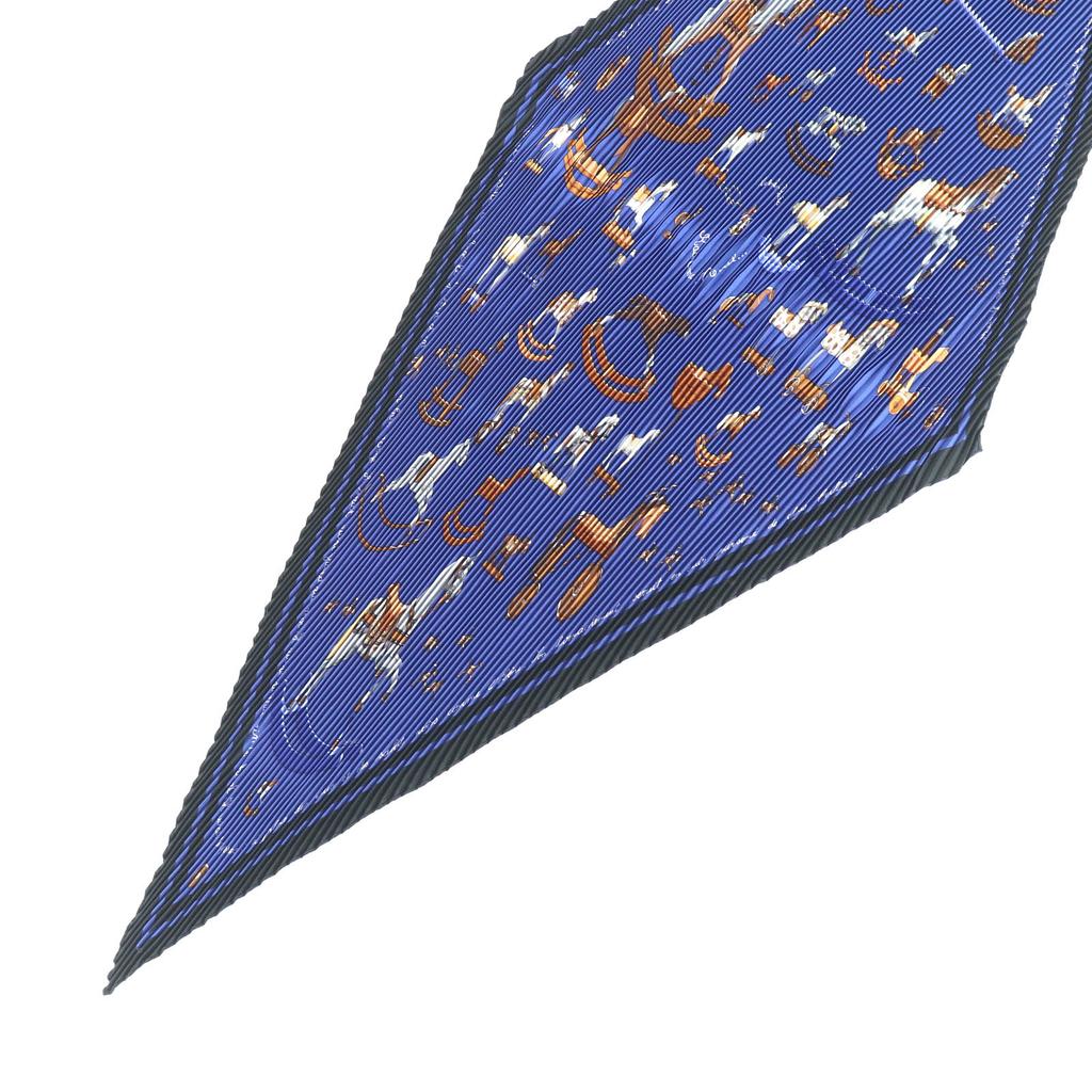 Excellent HERMES scarf Blue Rocking Horse Pleated curry Multi silk Women Used