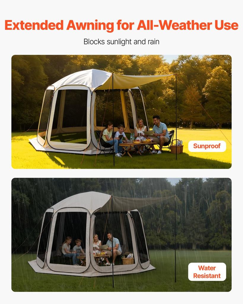 Screen House Tent, 3660 x 3380 x 2300 mm, 10-12 Person Pop Up Screen Tent with Extended Awning, Portable Screened in Canopy with Carry Bag, Netting