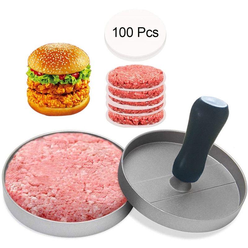 Stainless Steel Burger Press with Wood Handle – Non-Stick Patty Maker + 100 Patty Papers