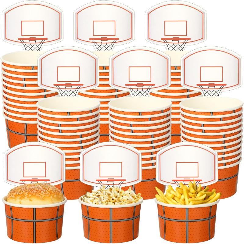 6 Pcs Basketball Snack Bowls Dessert Paper Cups With Basketball Hoop Toppers Disposable Birthday Party Supplies Decors