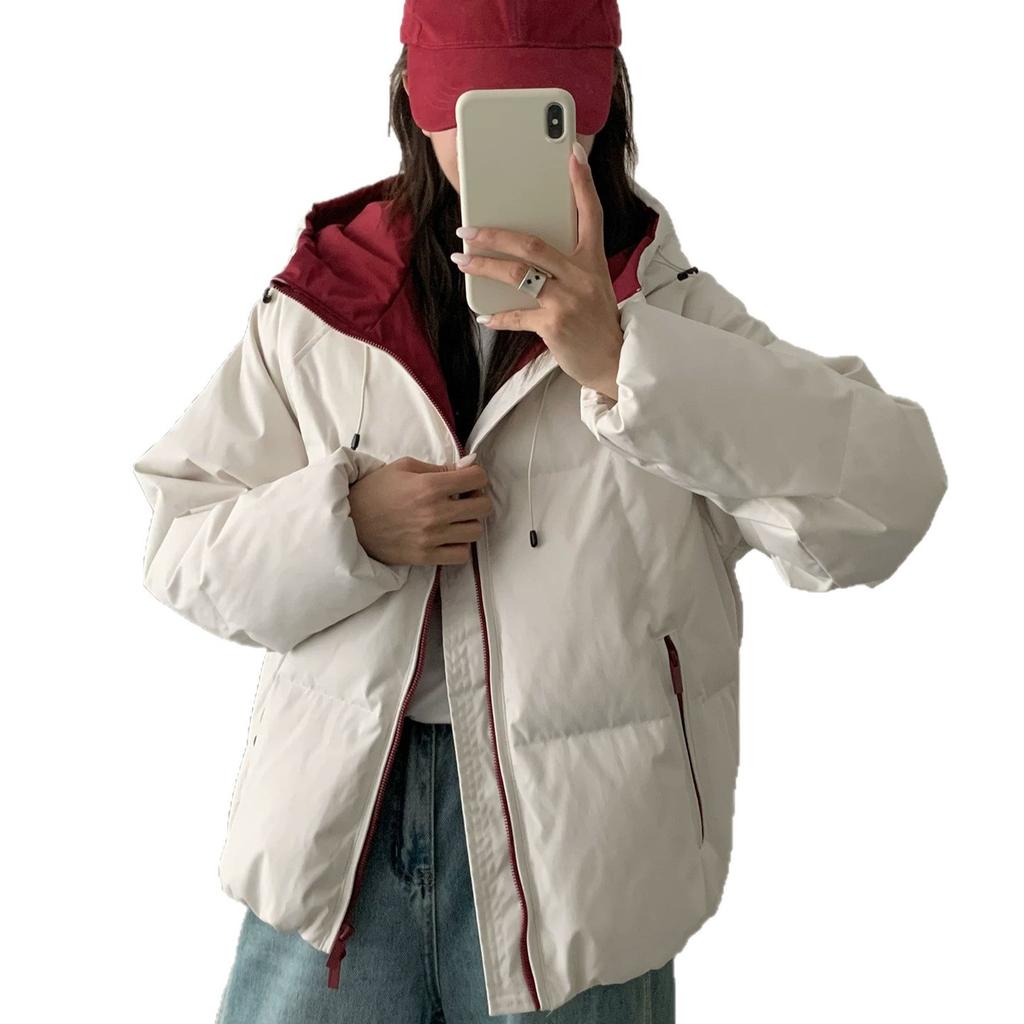 American retro winter new white duck down jacket women's tide brand contrasting color outdoor warm hooded jacket